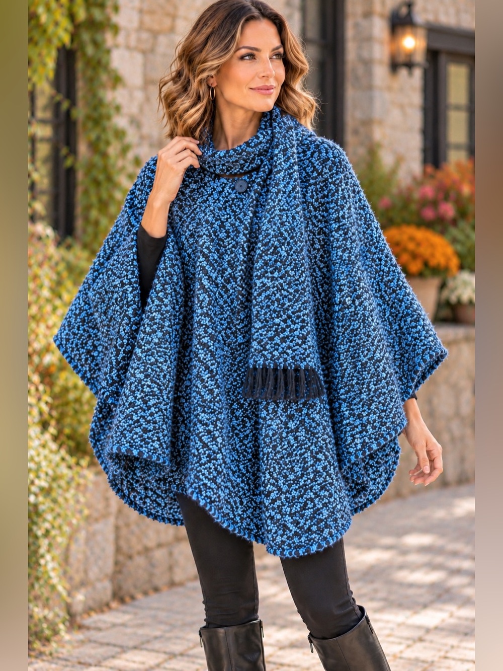 Branigan Weavers Irish Wool Bouclé Cape Attached Scarf Blue One Size Cottage